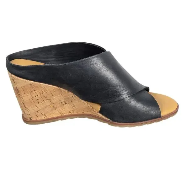 Korks Violetta Wedge Sandals Womens 7 Black Leather Criss Cross Comfy Vacation - Picture 2 of 11